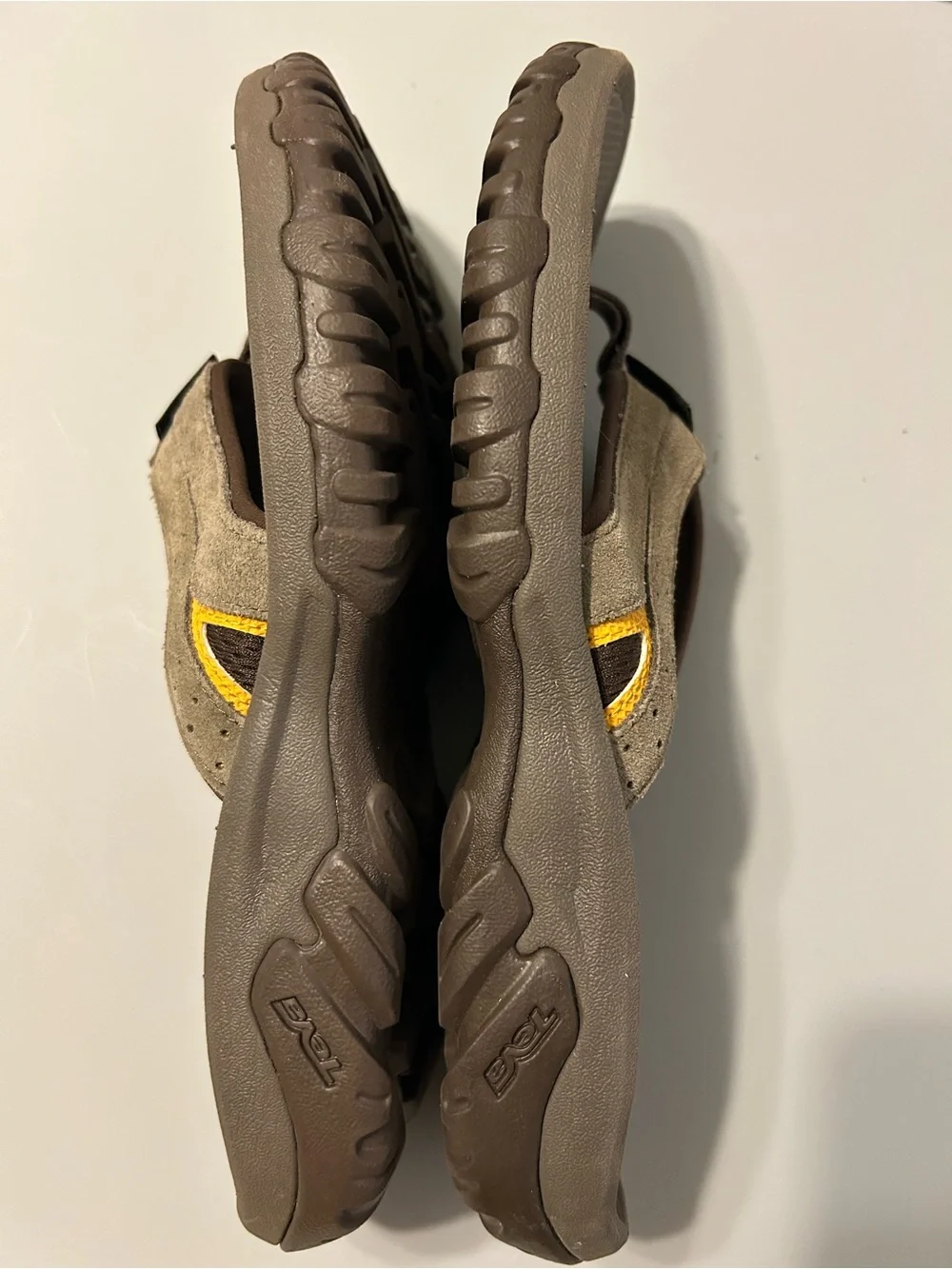 Teva Men’s Brown and Tan Suede Flip-Flops with Yellow Logo